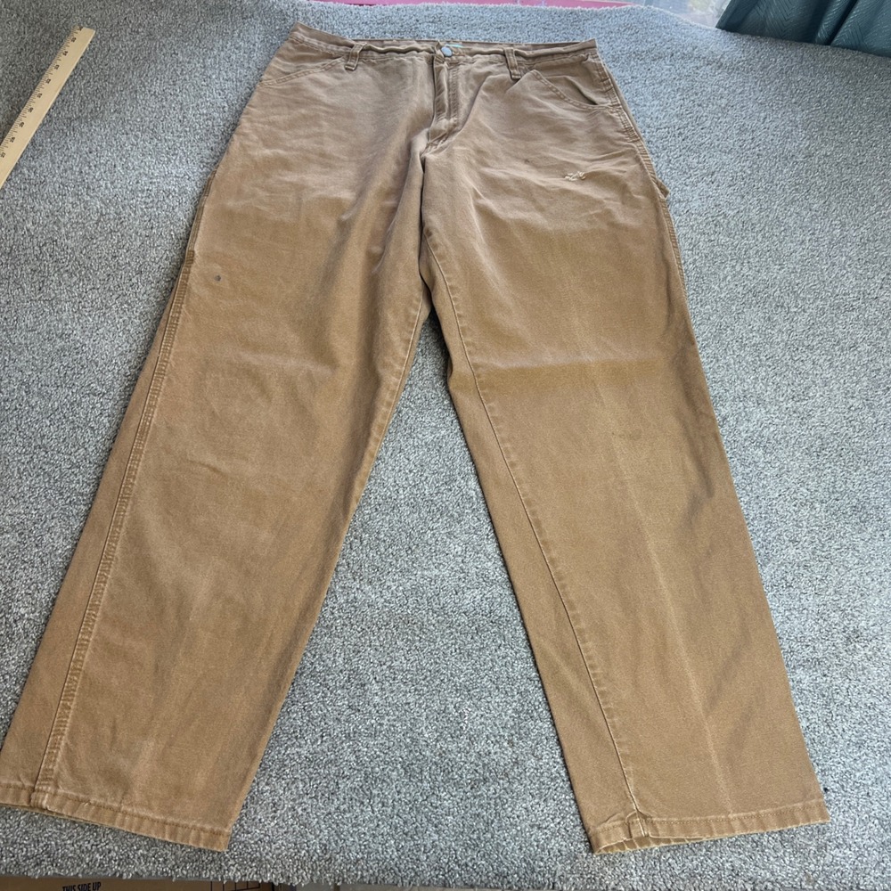 Rustler Carpenter Pants Mens 36x32 tan Brown Vintage Canvas Workwear‎ Distressed
